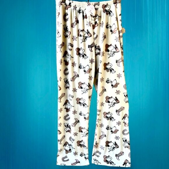 Peanuts COWBOY SNOOPY Sleep Pajama Pants Fleece Womens Large Stick Horse Sheriff - Picture 3 of 11